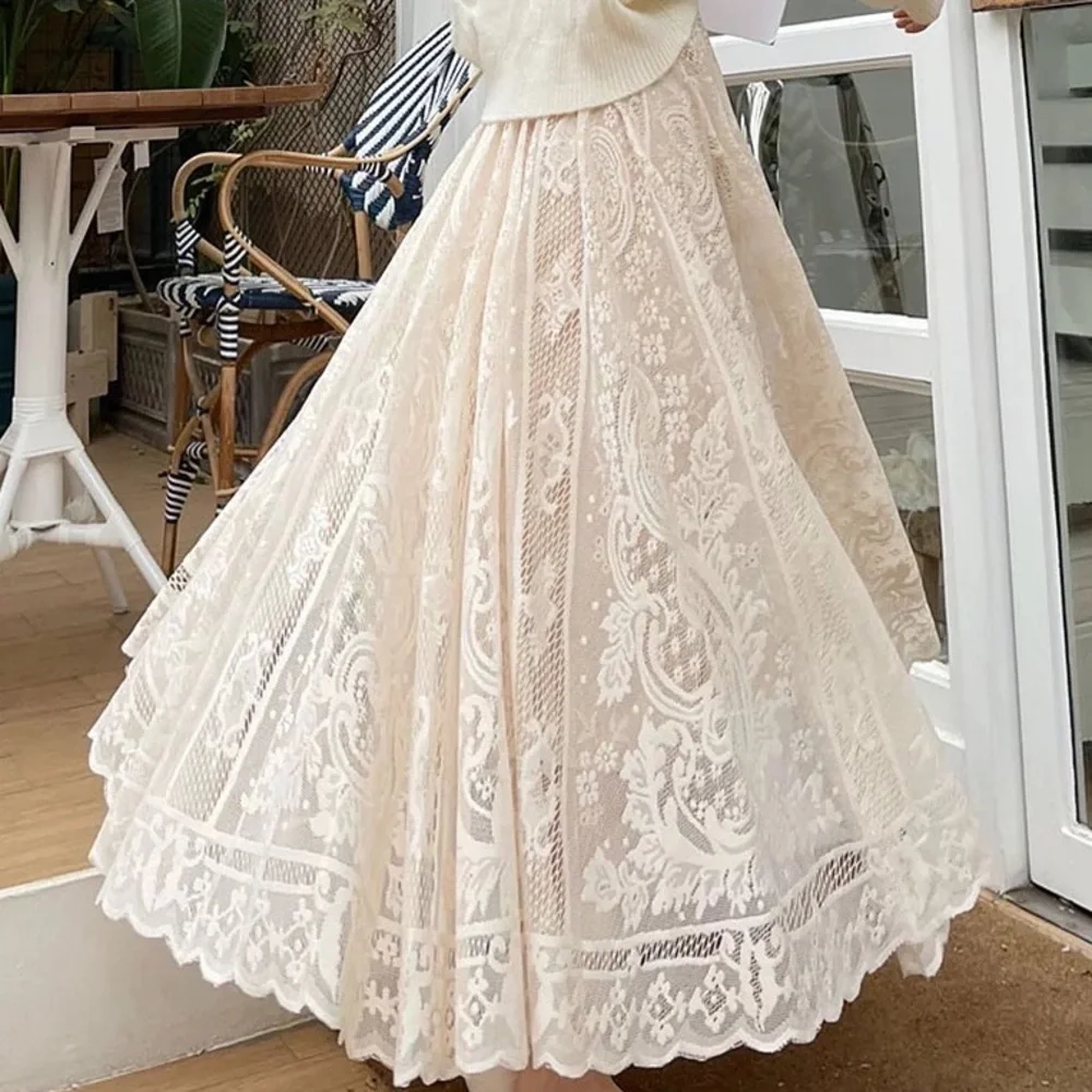 Lace skirt cream beige womens summer spring long skirt floral - Picture 11 of 15